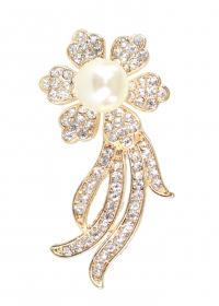 Brooches - Flower Brooch with Crystals and Pearl, 6x3 cm (6 pcs/pack) Code: ME0497