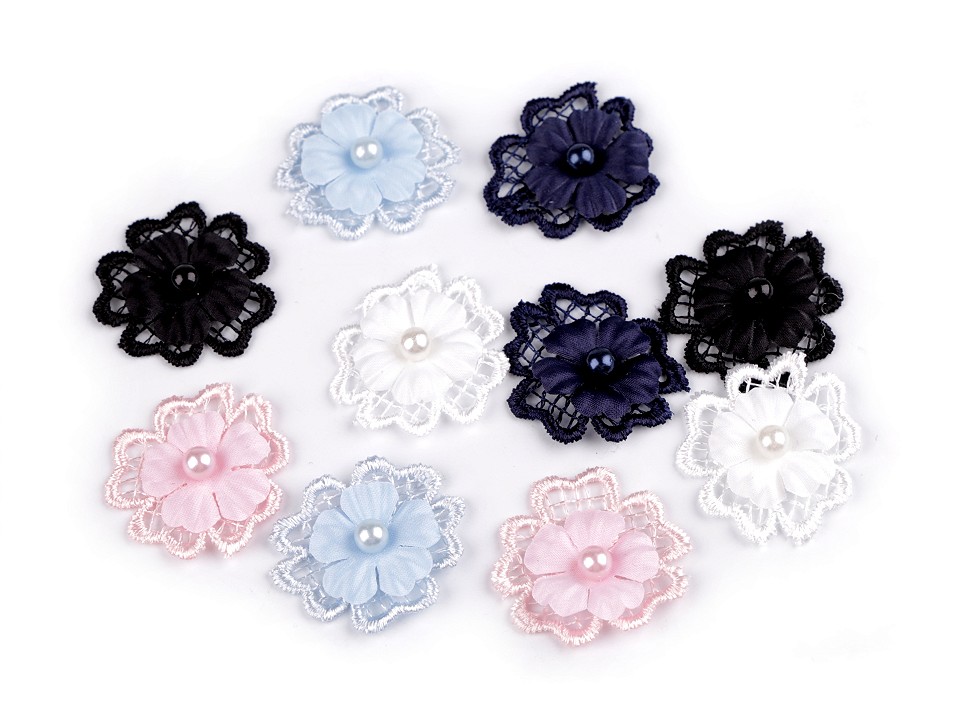 Textile Flowers 3D with Pearl, Ø30 mm (10 pieces / package) Code: 400164