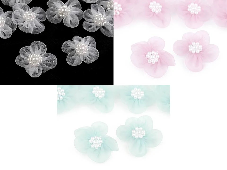 Decorative Organza Flower with Pearls, diameter 30mm (10 pcs/pack)Code: 390516