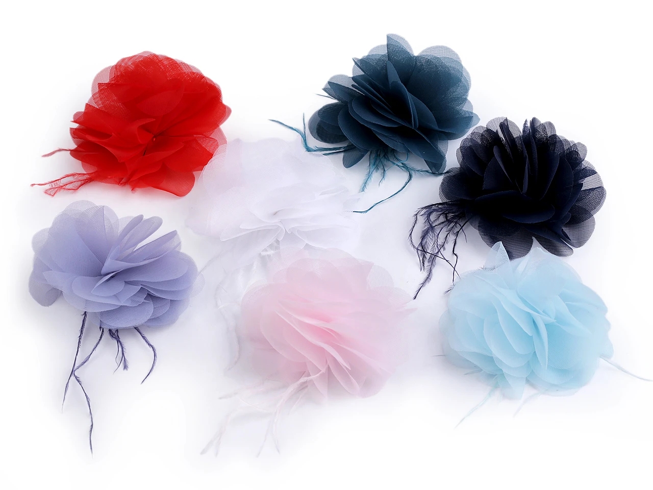 Textile Flower with Feathers, diameter 8-9 cm (2 pcs/pack)