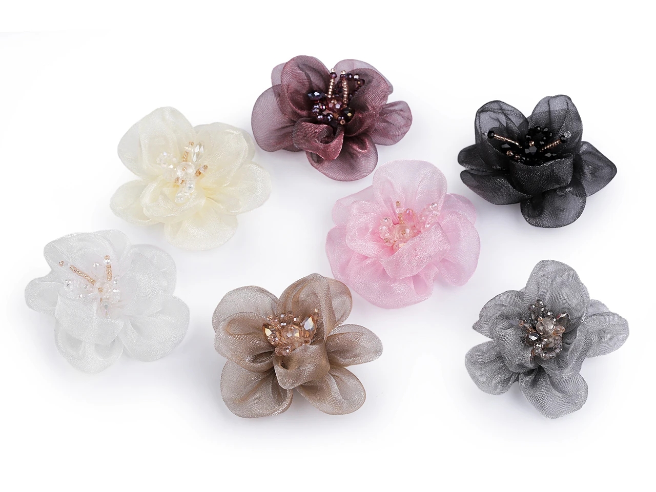 Organza Flower with Rhinestones, diameter 6-7 cm (2 pcs/pack)